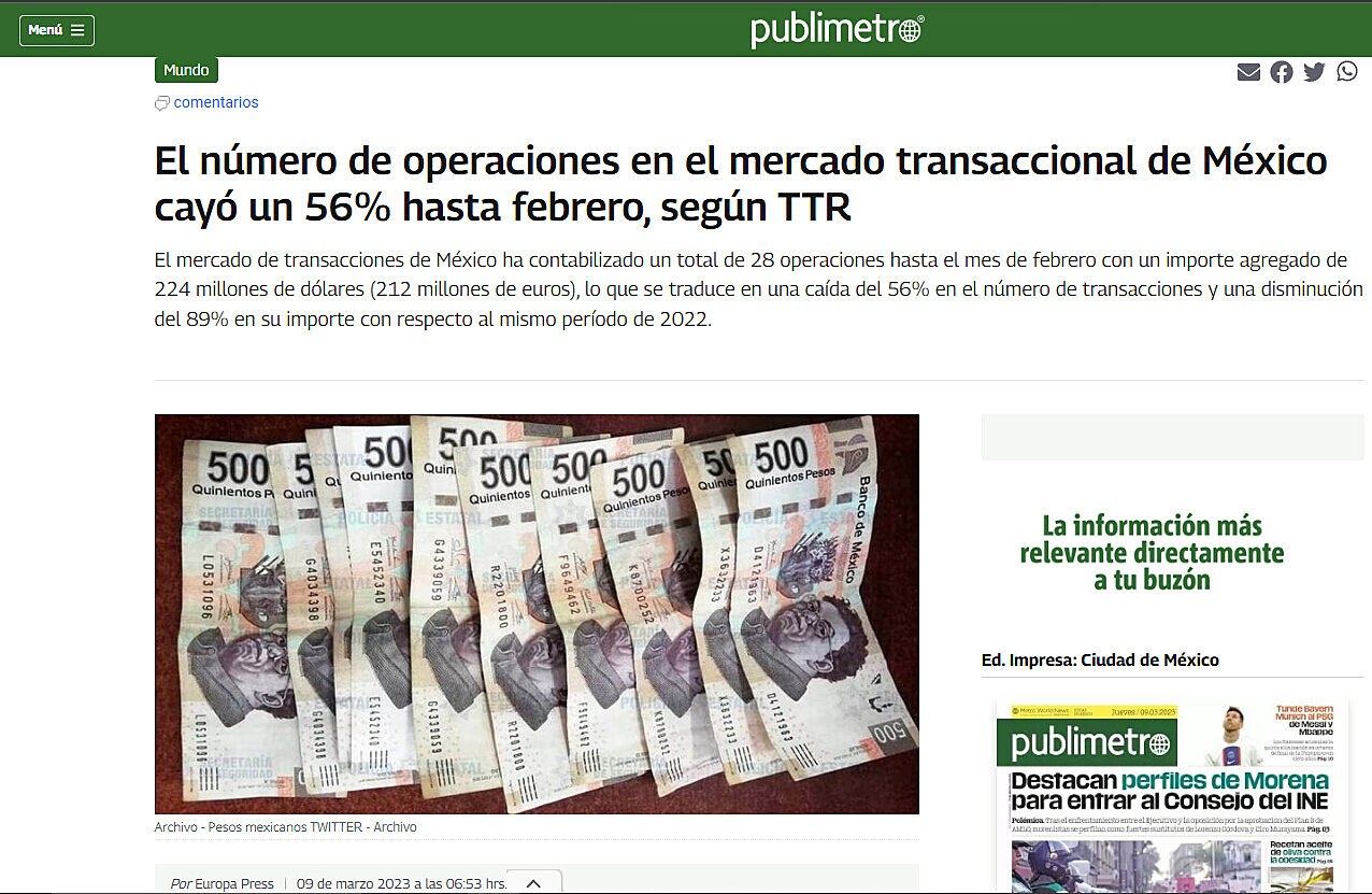 El nmero de operaciones en el mercado transaccional de Mxico cay un 56% hasta febrero, segn TTR